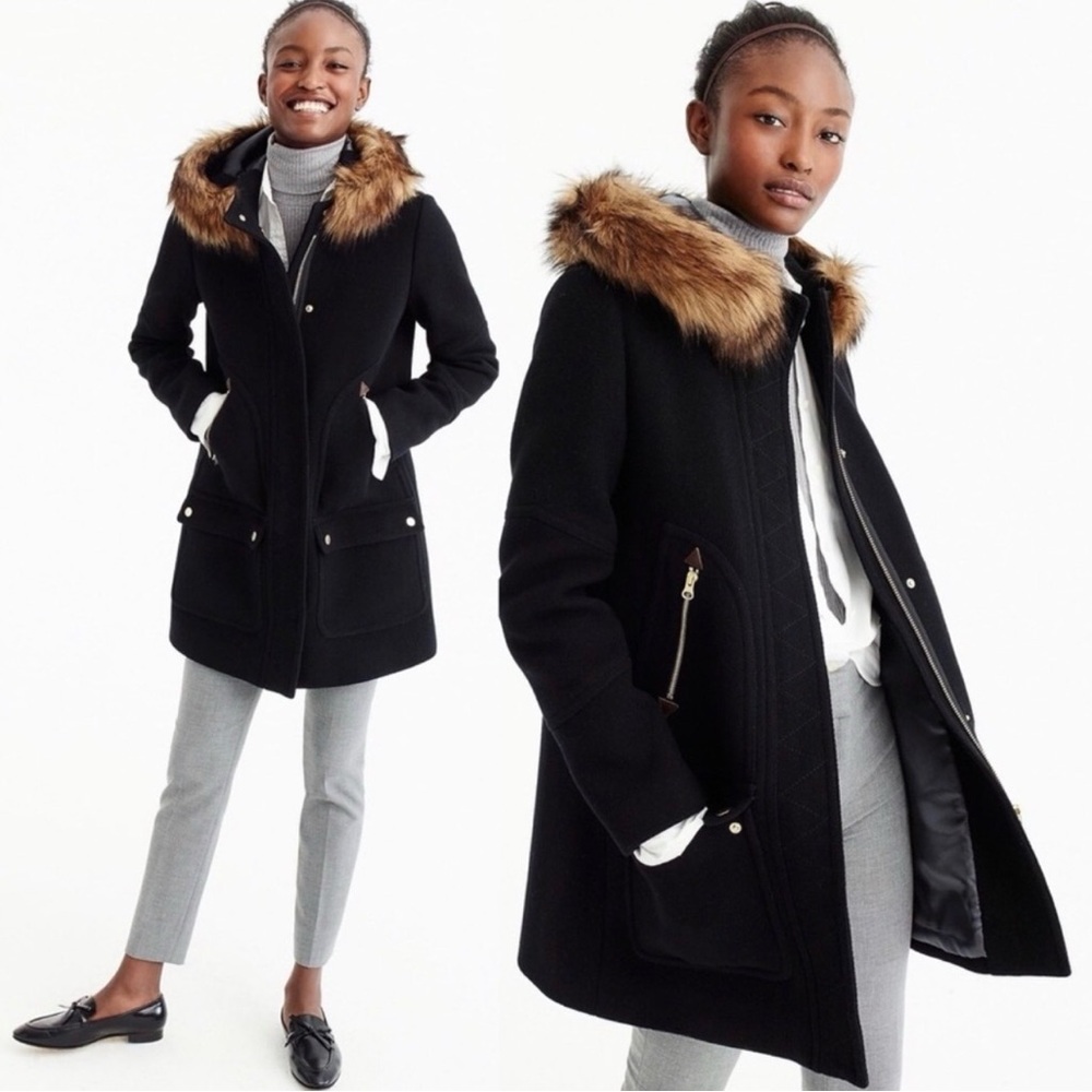 J. Crew Black Italian Wool Stadium Coat with Faux Fur Trim